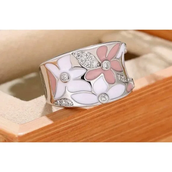 Silver Plated Zircon Pink Enamel Flower Ring - Picture 2 of 4